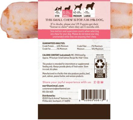 Show full view: Earth Animal No-Hide Small Rolls Long Lasting Natural Rawhide Alternative Salmon Recipe Chew Dog Treats, 1 count slide 3 of 12