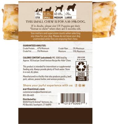 Show full view: Earth Animal No-Hide Small Rolls Long Lasting Natural Rawhide Alternative Venison Recipe Chew Dog Treats, 1 count slide 3 of 12