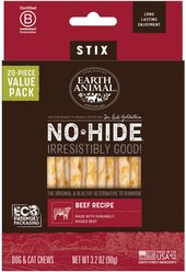 Earth Animal No-Hide Stix Long Lasting Natural Rawhide Alternative Beef Recipe Chew Dog & Cat Treat Sticks, 20 count