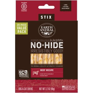Earth Animal No-Hide Stix Long Lasting Natural Rawhide Alternative Beef Recipe Chew Dog & Cat Treat Sticks, 20 count