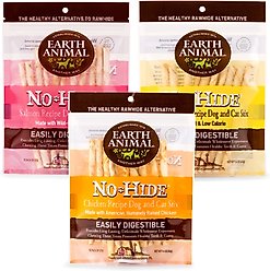 Earth Animal No-Hide Stix Long Lasting Natural Rawhide Alternative Chicken Recipe, 10 count + Salmon Recipe, 10 count + Peanut Butter Vegetarian Recipe Chew Dog & Cat Treat Sticks, 10 count