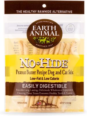 Show full view: Earth Animal No-Hide Stix Long Lasting Natural Rawhide Alternative Chicken Recipe, 10 count + Salmon Recipe, 10 count + Peanut Butter Vegetarian Recipe Chew Dog & Cat Treat Sticks, 10 count slide 8 of 9