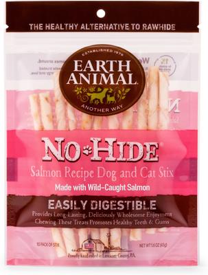 Show full view: Earth Animal No-Hide Stix Long Lasting Natural Rawhide Alternative Chicken Recipe, 10 count + Salmon Recipe, 10 count + Peanut Butter Vegetarian Recipe Chew Dog & Cat Treat Sticks, 10 count slide 5 of 9