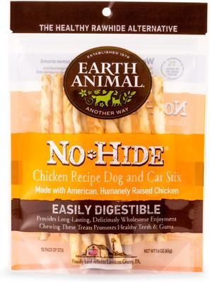 Show full view: Earth Animal No-Hide Stix Long Lasting Natural Rawhide Alternative Chicken Recipe, 10 count + Salmon Recipe, 10 count + Peanut Butter Vegetarian Recipe Chew Dog & Cat Treat Sticks, 10 count slide 2 of 9