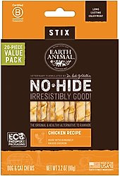 Earth Animal No-Hide Stix Long Lasting Natural Rawhide Alternative Chicken Recipe Chew Dog & Cat Treat Sticks, 20 count