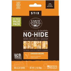 Earth Animal No-Hide Stix Long Lasting Natural Rawhide Alternative Chicken Recipe Chew Dog & Cat Treat Sticks, 20 count
