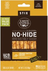 Earth Animal No-Hide Stix Long Lasting Natural Rawhide Alternative Peanut Butter Vegetarian Recipe Chew Dog & Cat Treat Sticks, 20 count