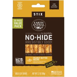Earth Animal No-Hide Stix Long Lasting Natural Rawhide Alternative Peanut Butter Vegetarian Recipe Chew Dog & Cat Treat Sticks, 20 count