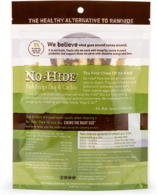 Show full view: Earth Animal No-Hide Stix Long Lasting Natural Rawhide Alternative Pork Recipe Chew Dog & Cat Treat Sticks, 10 count slide 3 of 12