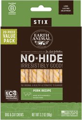 Earth Animal No-Hide Stix Long Lasting Natural Rawhide Alternative Pork Recipe Chew Dog & Cat Treat Sticks, 20 count