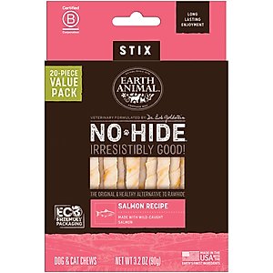 Earth Animal No-Hide Stix Long Lasting Natural Rawhide Alternative Salmon Recipe Chew Dog & Cat Treat Sticks, 20 count