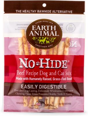 Show full view: Earth Animal No-Hide Stix Long Lasting Natural Rawhide Alternative Salmon Recipe Dog & Cat Treats, 10 count + Chicken Recipe, 10 count + Beef Recipe Chew, 10 count slide 5 of 10