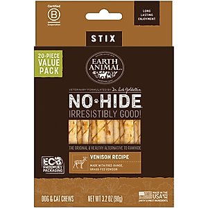 Earth Animal No-Hide Stix Long Lasting Natural Rawhide Alternative Venison Recipe Chew Dog & Cat Treat Sticks, 20 count