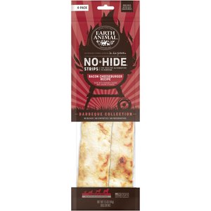 Earth Animal No-Hide Strips Natural Rawhide Alternative Barbeque Bacon Cheeseburger Recipe Chew Dog Treats, 4 count