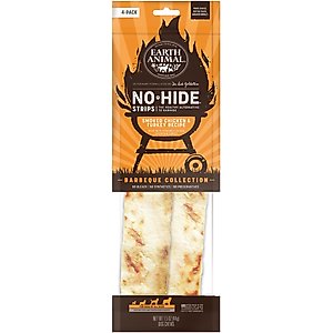 Earth Animal No-Hide Strips Natural Rawhide Alternative Barbeque Smoked Chicken & Turkey Recipe Chew Dog Treats, 4 count