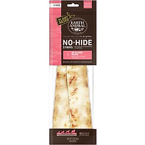 Earth Animal No-Hide Strips Thin Natural Rawhide Alternative No Salmon Vegetarian Recipe Chew Dog Treat, 4 count