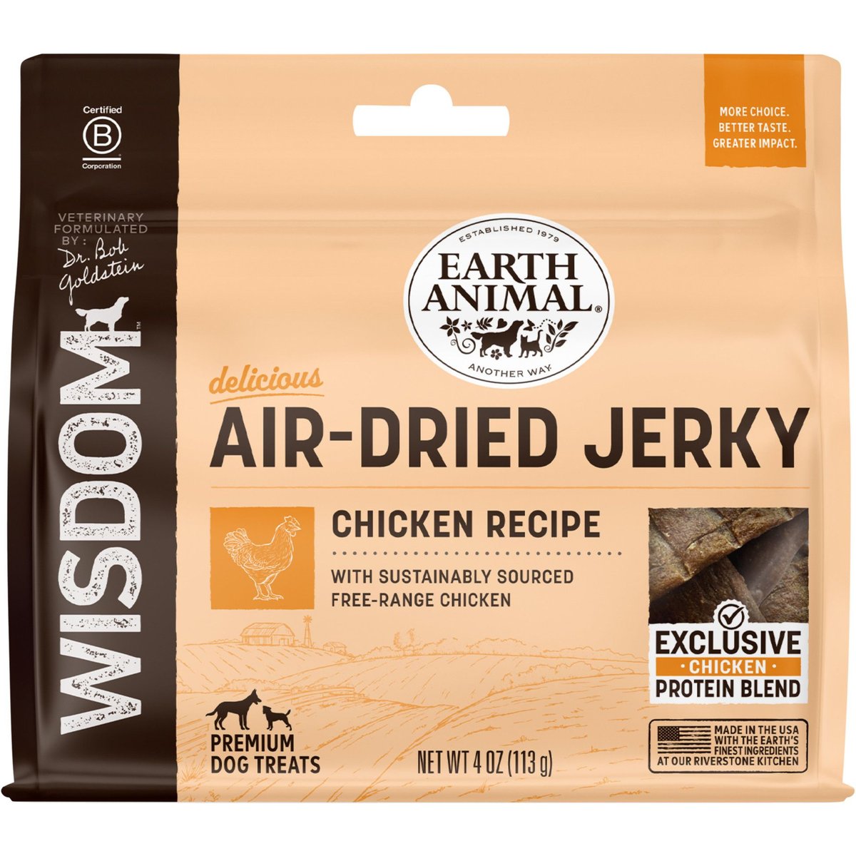Earth Animal Wisdom Air-Dried Chicken Recipe Premium Natural Jerky Strips Dog Treats, 4-oz bag