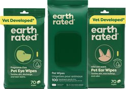 Earth Rated Hypoallergenic Grooming Bundle: 3-in-1 Dog Grooming Wipes, Unscented, 100 count + Ear Wipes Wild Oat Scent, 70 count + Eye Wipes Fragrance Free, 70 count