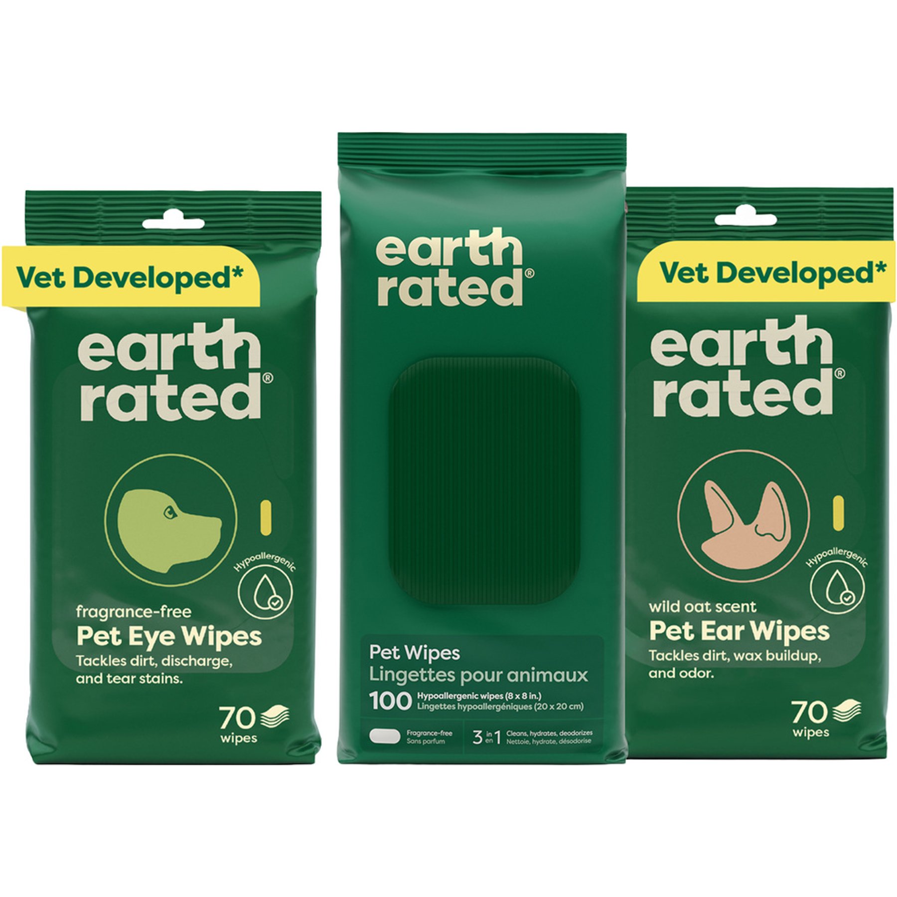 Earth Rated Hypoallergenic Grooming Bundle: 3-in-1 Dog Grooming Wipes, Unscented, 100 count + Ear Wipes Wild Oat Scent, 70 count + Eye Wipes Fragrance Free, 70 count