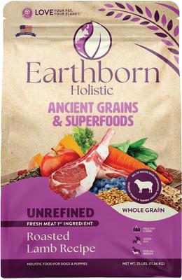 Show full view: Earthborn Holistic Unrefined Roasted Lamb with Ancient Grains & Superfoods Dry Dog Food, 25-lb bag slide 3 of 10