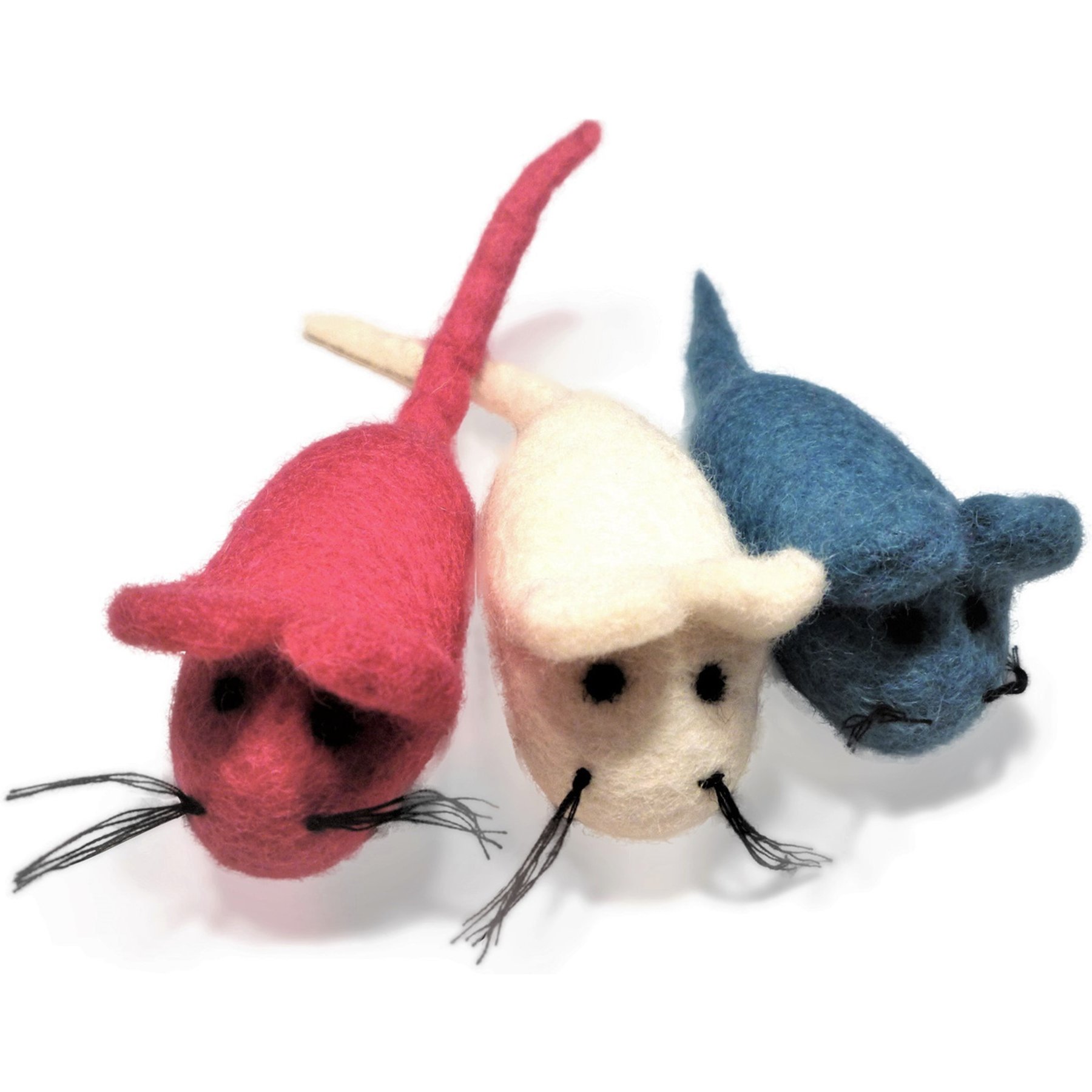 Earthtone Solutions Felted Wool Cat Mouse Toys, 3-pack, Blue & White & Pink