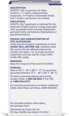 Show full view: Easotic (hydrocortisone aceponate, miconazole nitrate, gentamicin sulfate) Otic Suspension for Dogs, 10-mL slide 2 of 6