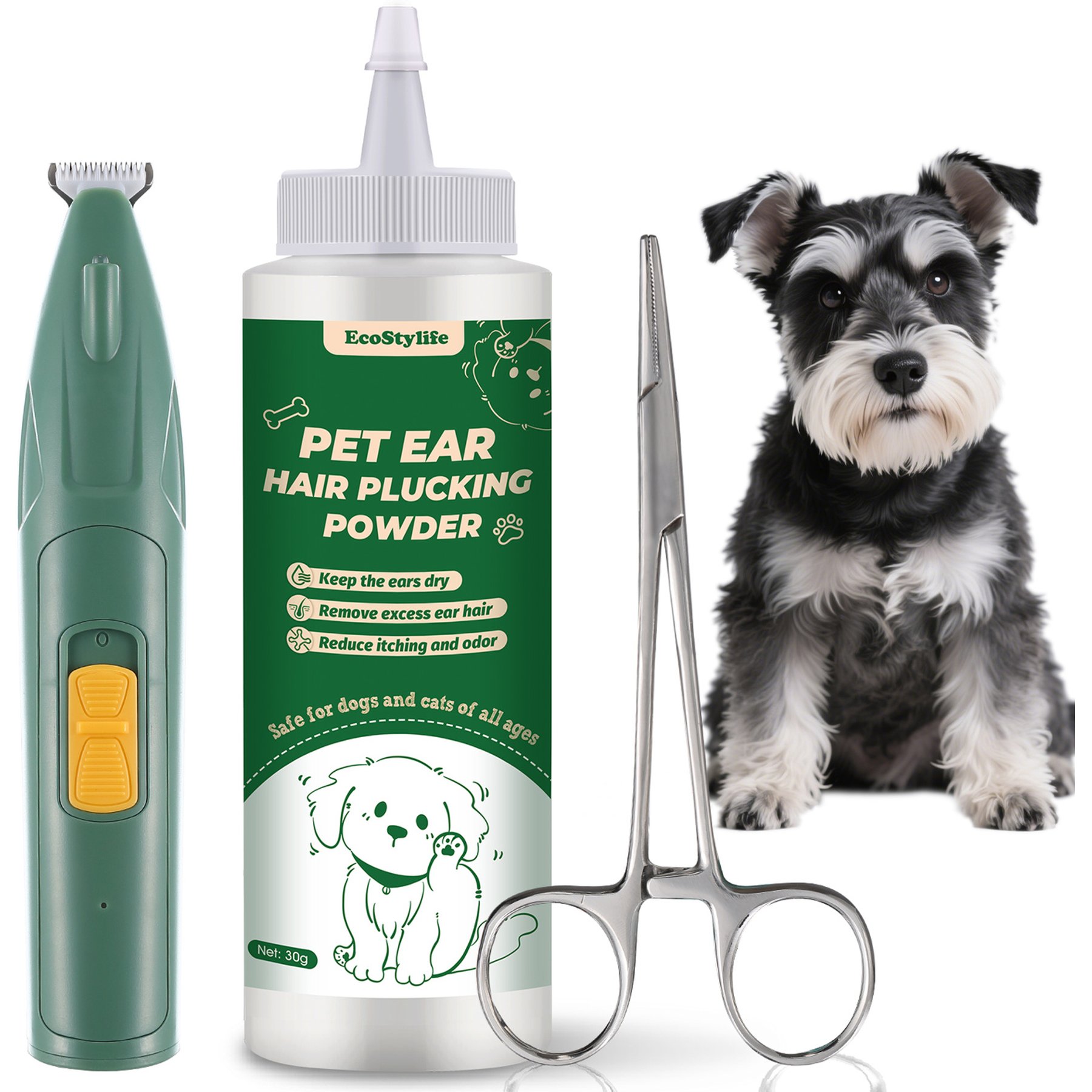 EcoStylife Ear Powder, Hemostat & Electric Trimmer Dog Ear Hair Removal Kit, Green, 1.05-oz bottle