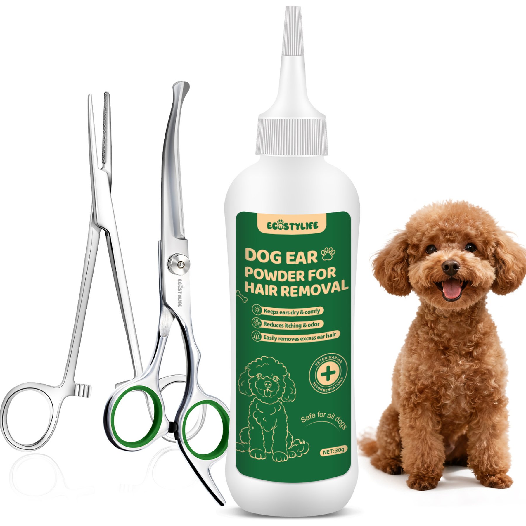 EcoStylife Plucking Powder, Hemostats & Round Tip Scissors Dog Ear Hair Removal Tool, Green, 1.05-oz bottle