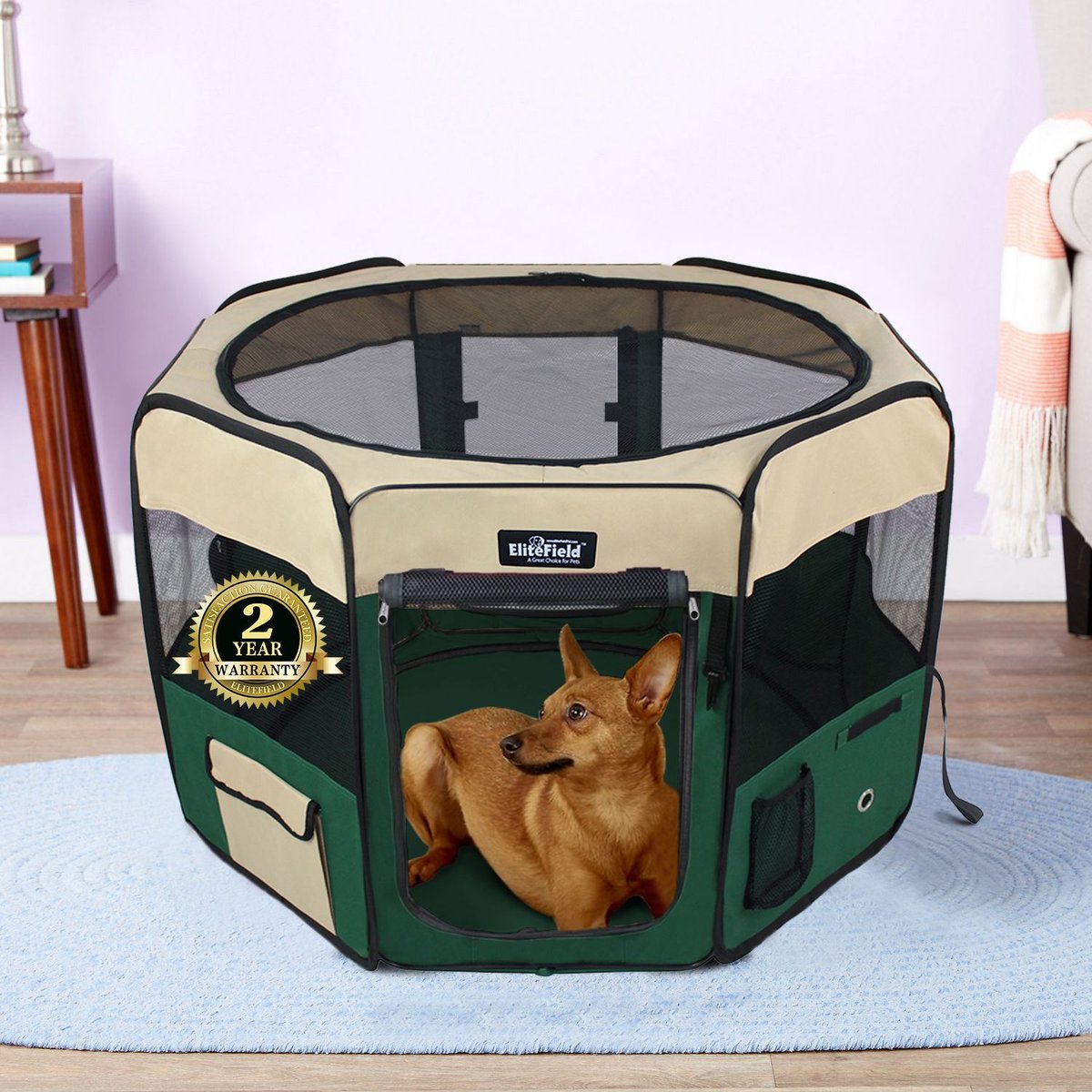 EliteField 2-Door Soft-Sided Dog & Cat Playpen, Beige & Green, 30-in