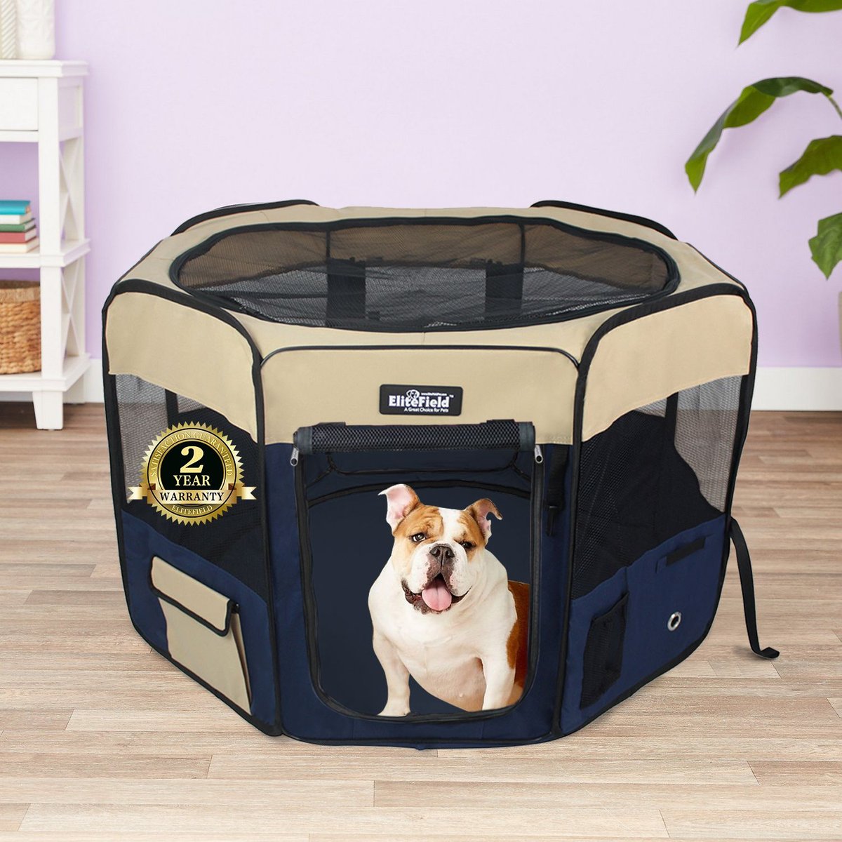 EliteField 2-Door Soft-Sided Dog & Cat Playpen, Beige & Navy Blue, 52 x 52 x 32-in