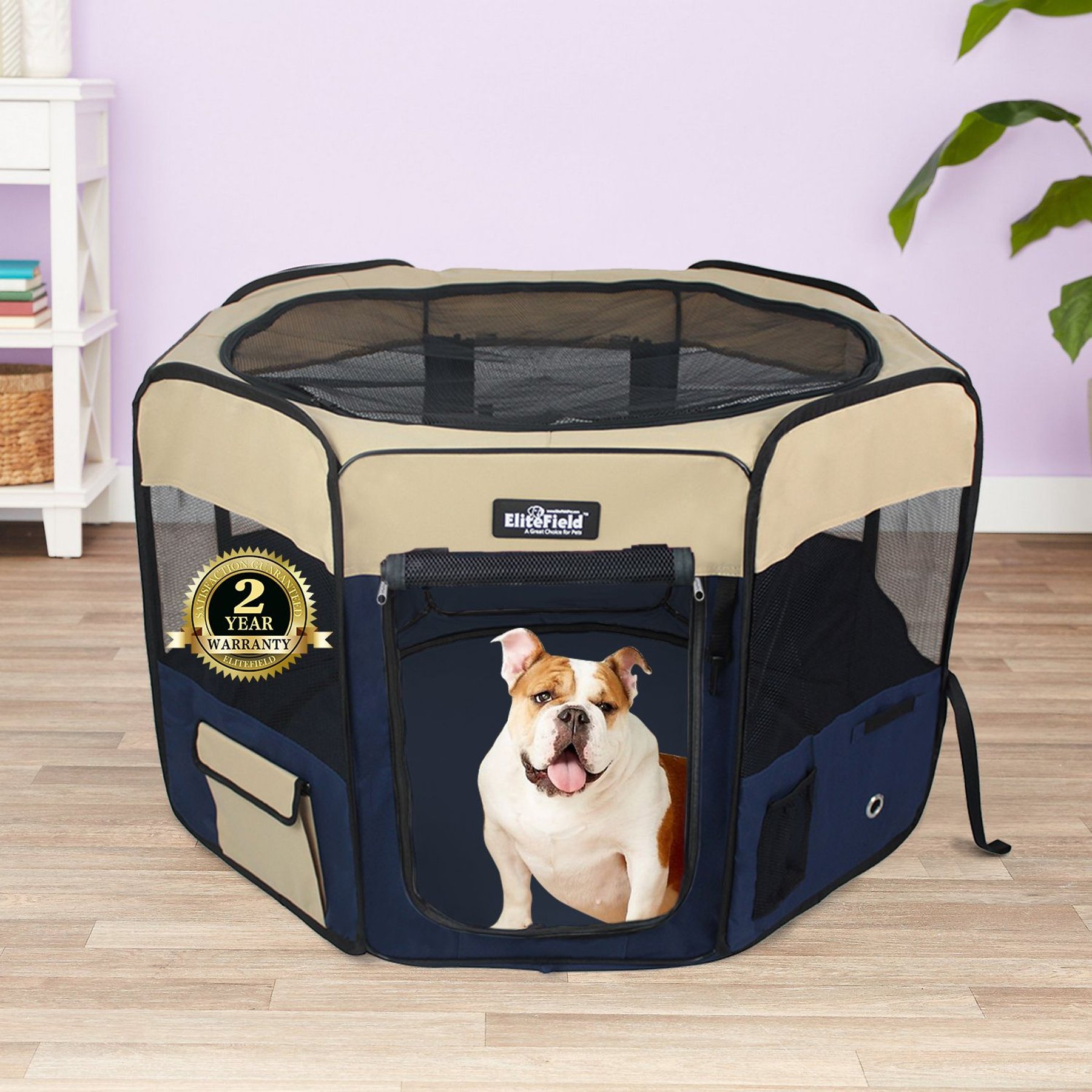 EliteField 2-Door Soft-Sided Dog & Cat Playpen, Beige & Navy Blue, 52 x 52 x 32-in