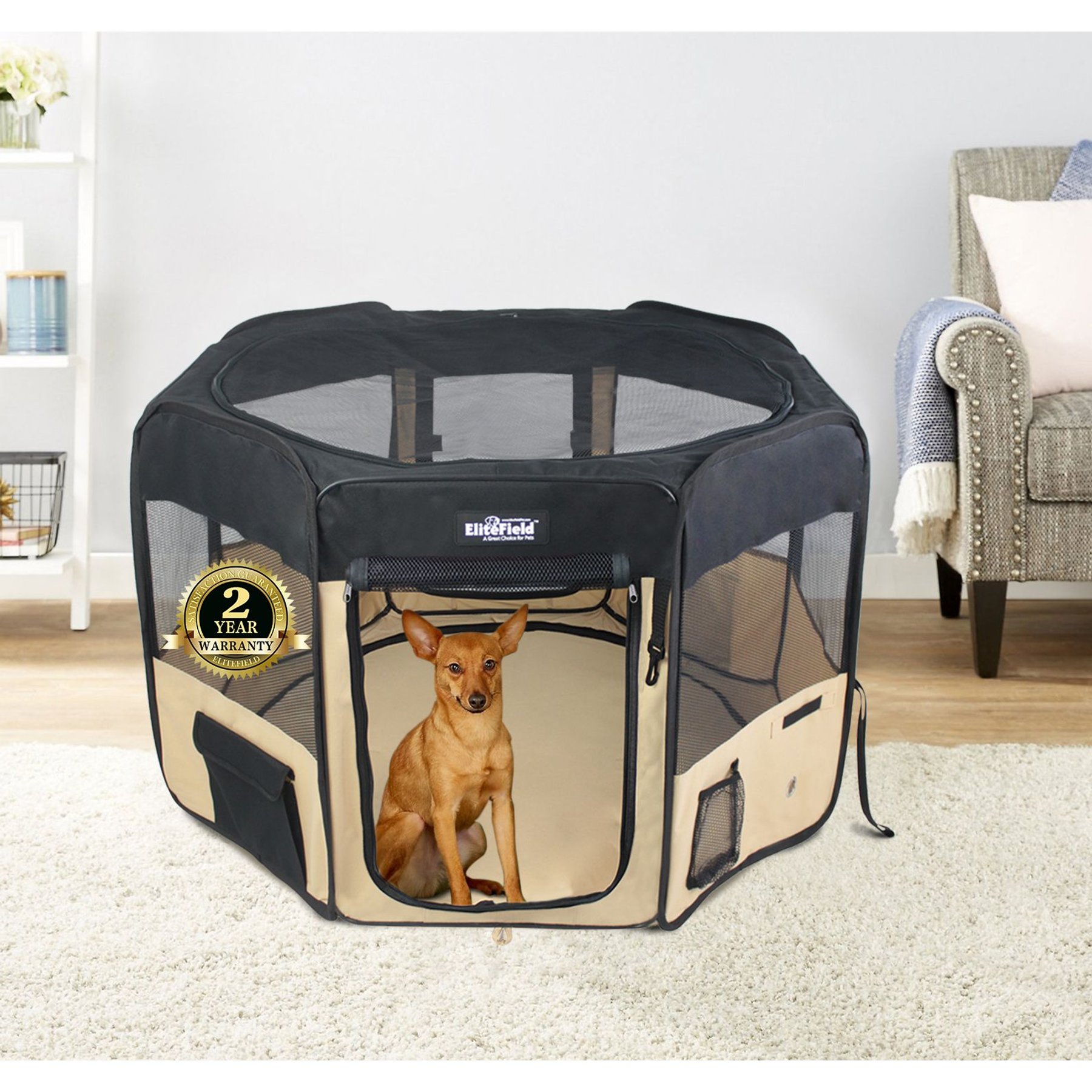 EliteField 2-Door Soft-Sided Dog & Cat Playpen, Black & Beige, 36-in