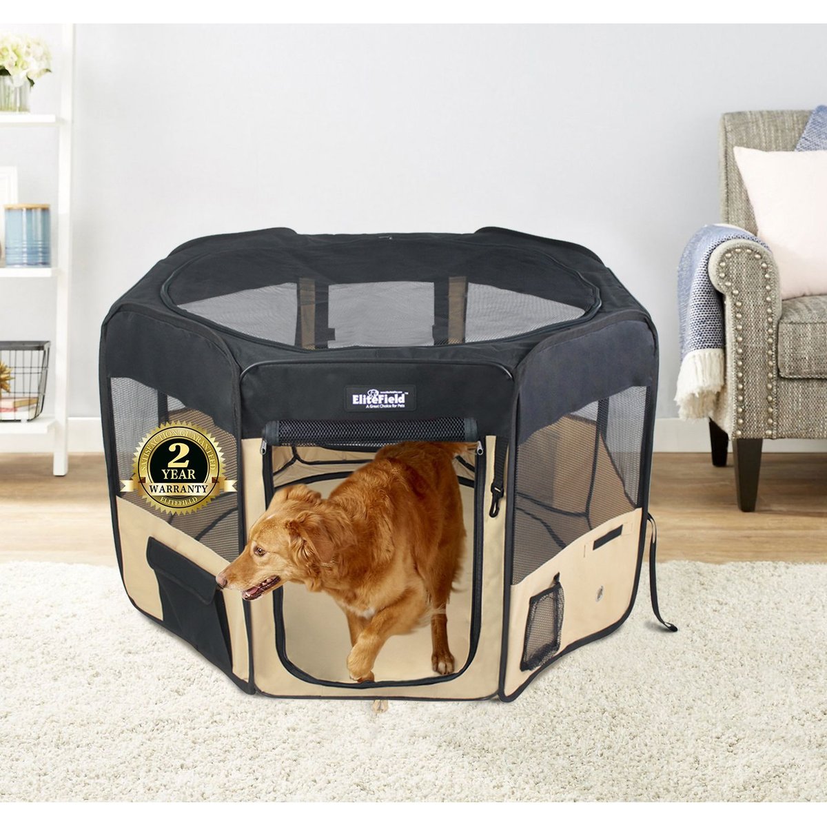 EliteField 2-Door Soft-Sided Dog & Cat Playpen, Black & Beige, 62 x 62 x 24-in