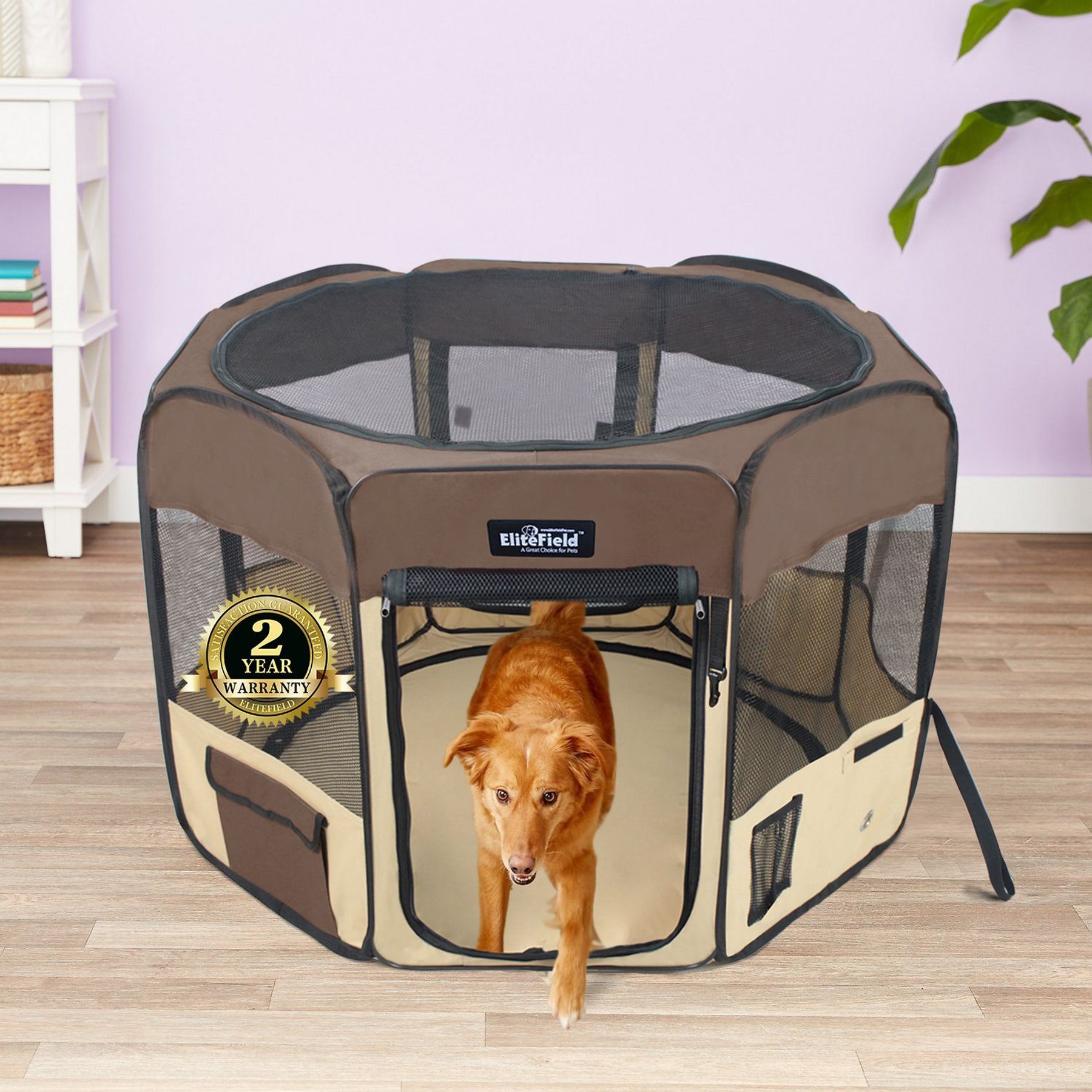 EliteField 2-Door Soft-Sided Dog & Cat Playpen, Brown & Beige, 62 x 62 x 24-in