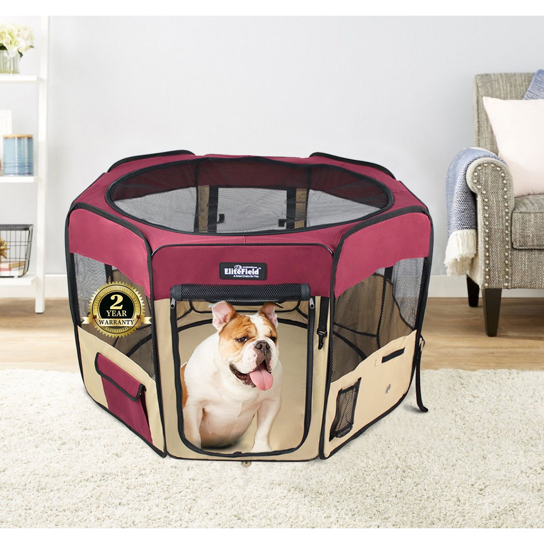 EliteField 2-Door Soft-Sided Dog & Cat Playpen, Maroon & Beige, 36-in