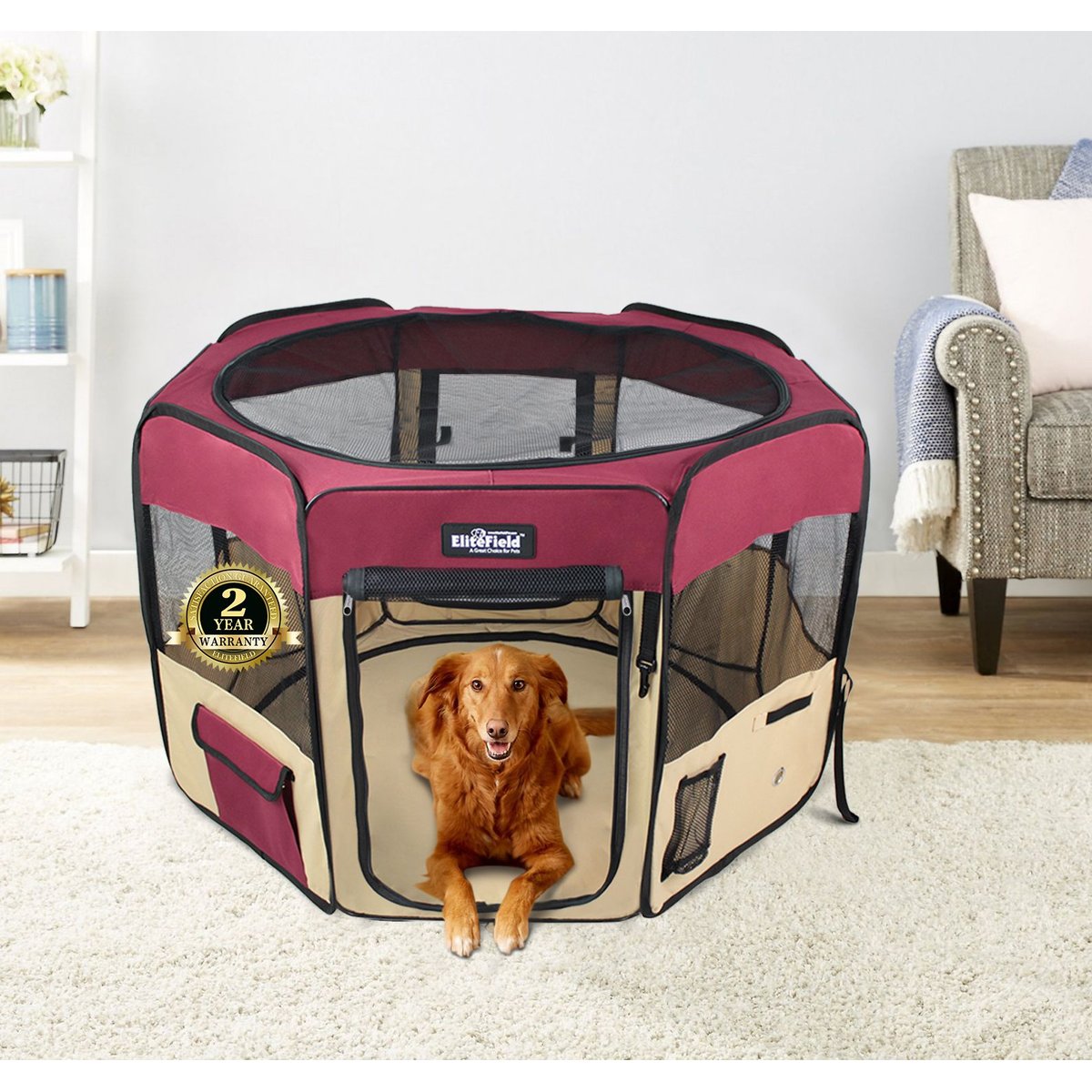 EliteField 2-Door Soft-Sided Dog & Cat Playpen, Maroon & Beige, 52-in