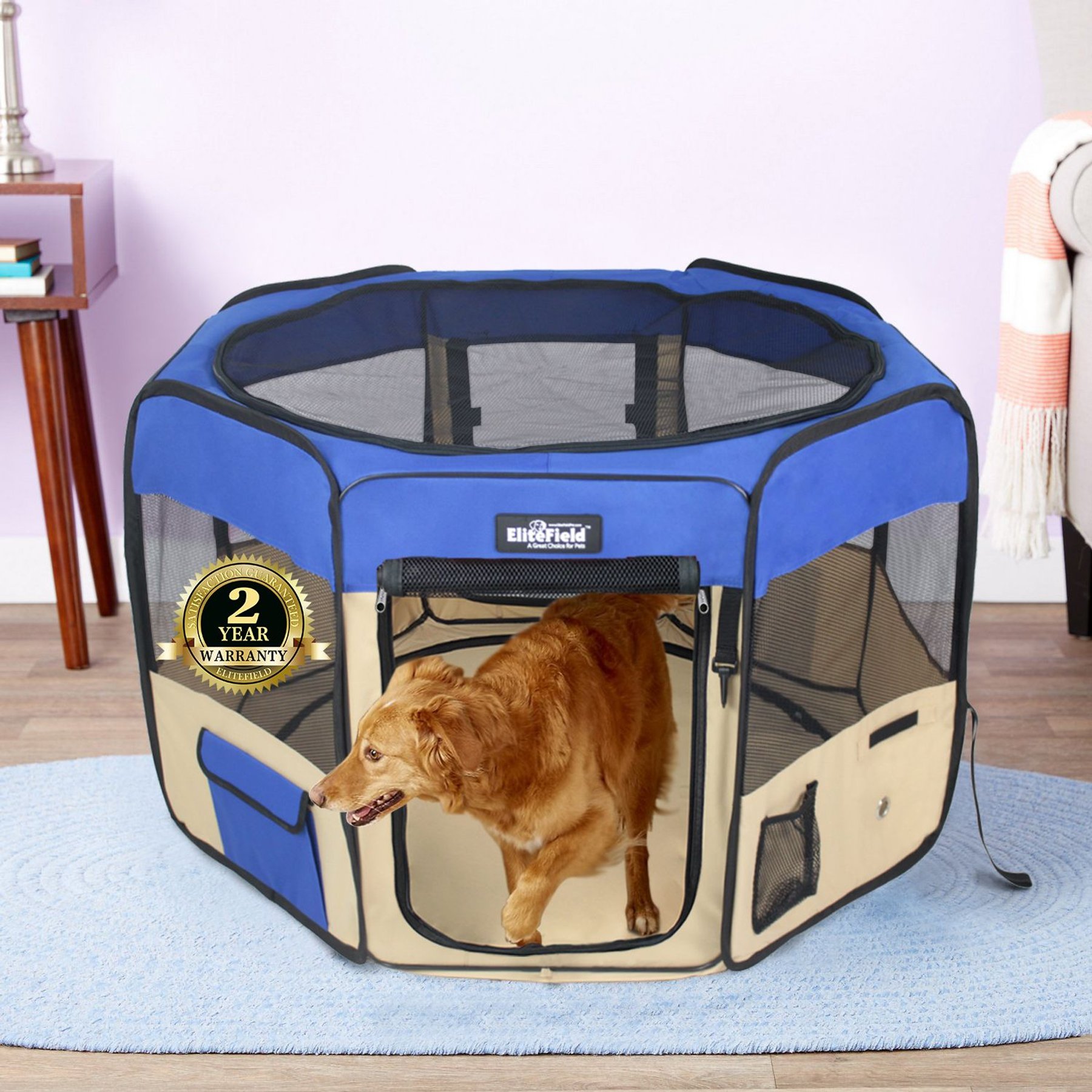 EliteField 2-Door Soft-Sided Dog & Cat Playpen, Royal Blue & Beige, 62 x 62 x 24-in