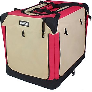 EliteField 4-Door Collapsible Soft-Sided Dog Crate with Curtains, Red/Beige, 36 inch