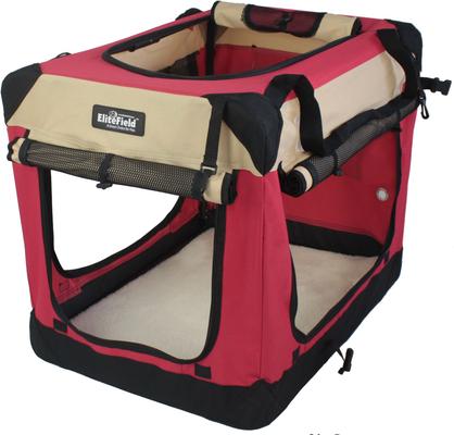 Show full view: EliteField 4-Door Collapsible Soft-Sided Dog Crate with Curtains, Red/Beige, 36 inch slide 3 of 12
