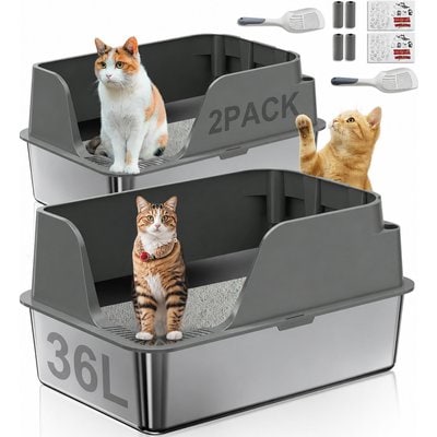 Ellenpent Ellenpent Stainless Steel Leak-Proof Cat Litter Box with Lid, XX-Large - 23.6 x 15.7 x 12-in, Gray, 2 count