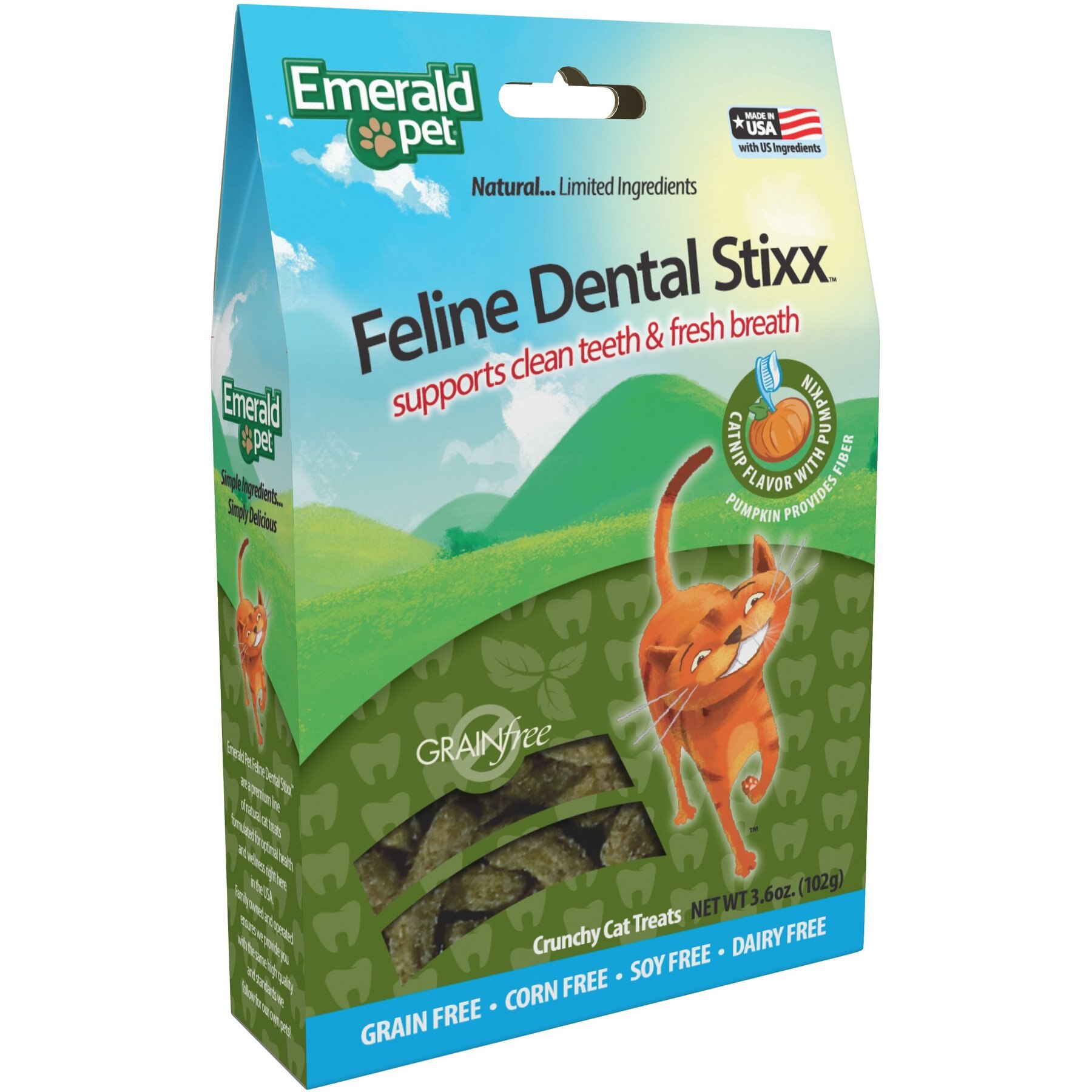 Emerald Pet Feline Dental Stixx Catnip Flavor with Pumpkin Grain-Free Dental Cat Treats, 3.6-oz bag