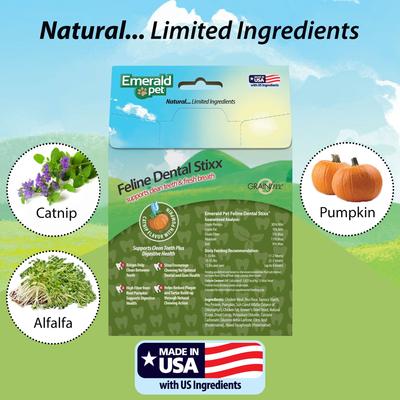Show full view: Emerald Pet Feline Dental Stixx Catnip Flavor with Pumpkin Grain-Free Dental Cat Treats, 3.6-oz bag slide 6 of 9