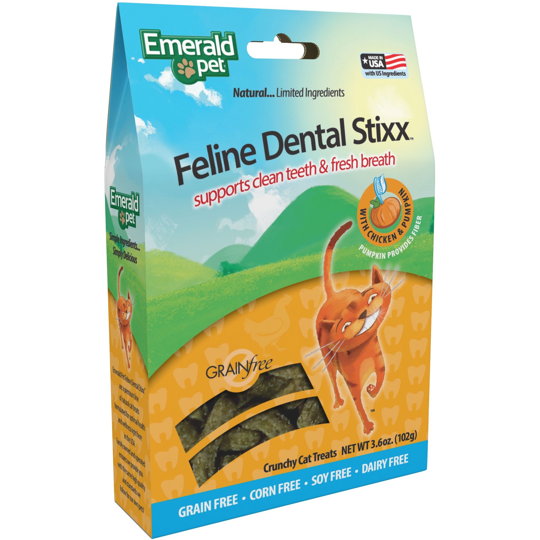 Emerald Pet Feline Dental Stixx with Chicken & Pumpkin Grain-Free Dental Cat Treats, 3.6-oz bag