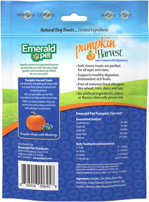 Show full view: Emerald Pet Pumpkin Harvest Oven Baked Pumpkin Recipe with Blueberry Chewy Dog Treats, 6-oz bag slide 3 of 10