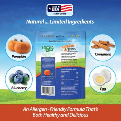 Show full view: Emerald Pet Pumpkin Harvest Oven Baked Pumpkin Recipe with Blueberry Chewy Dog Treats, 6-oz bag slide 5 of 10