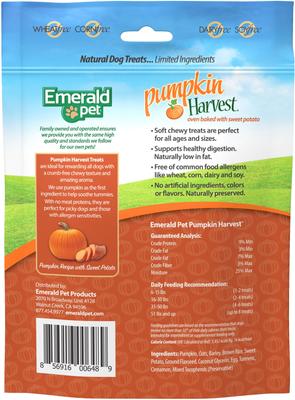 Show full view: Emerald Pet Pumpkin Harvest Oven Baked with Sweet Potato Chicken-Free Dog Treats, 6-oz bag slide 3 of 9