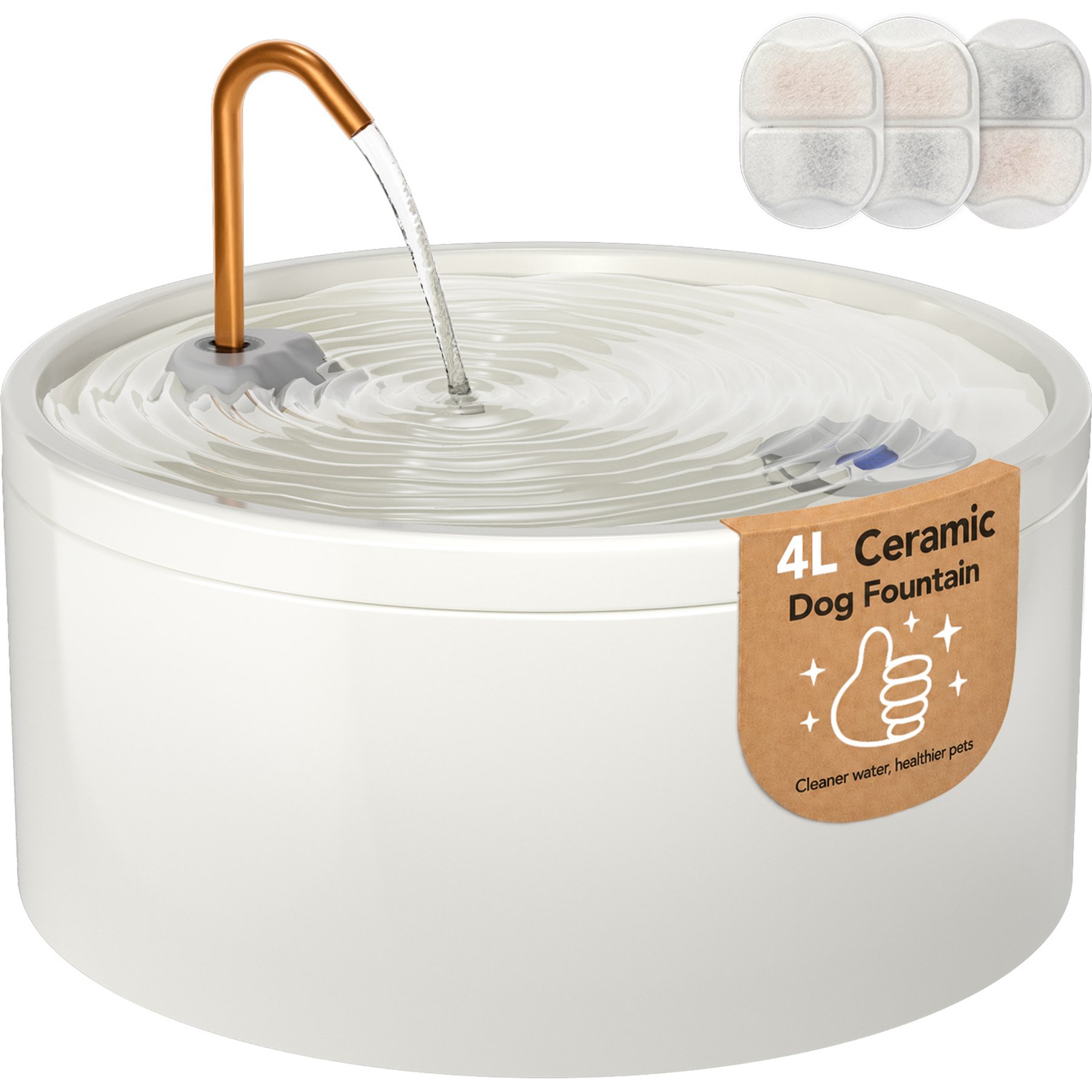 EOX Ceramic with Copper Faucet Dog & Cat Water Fountain, White, 4-L