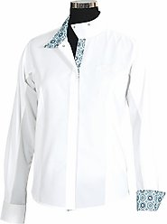 Equine Couture Children's Kelsey Long Sleeve Show Shirt, White/Aqua, 10