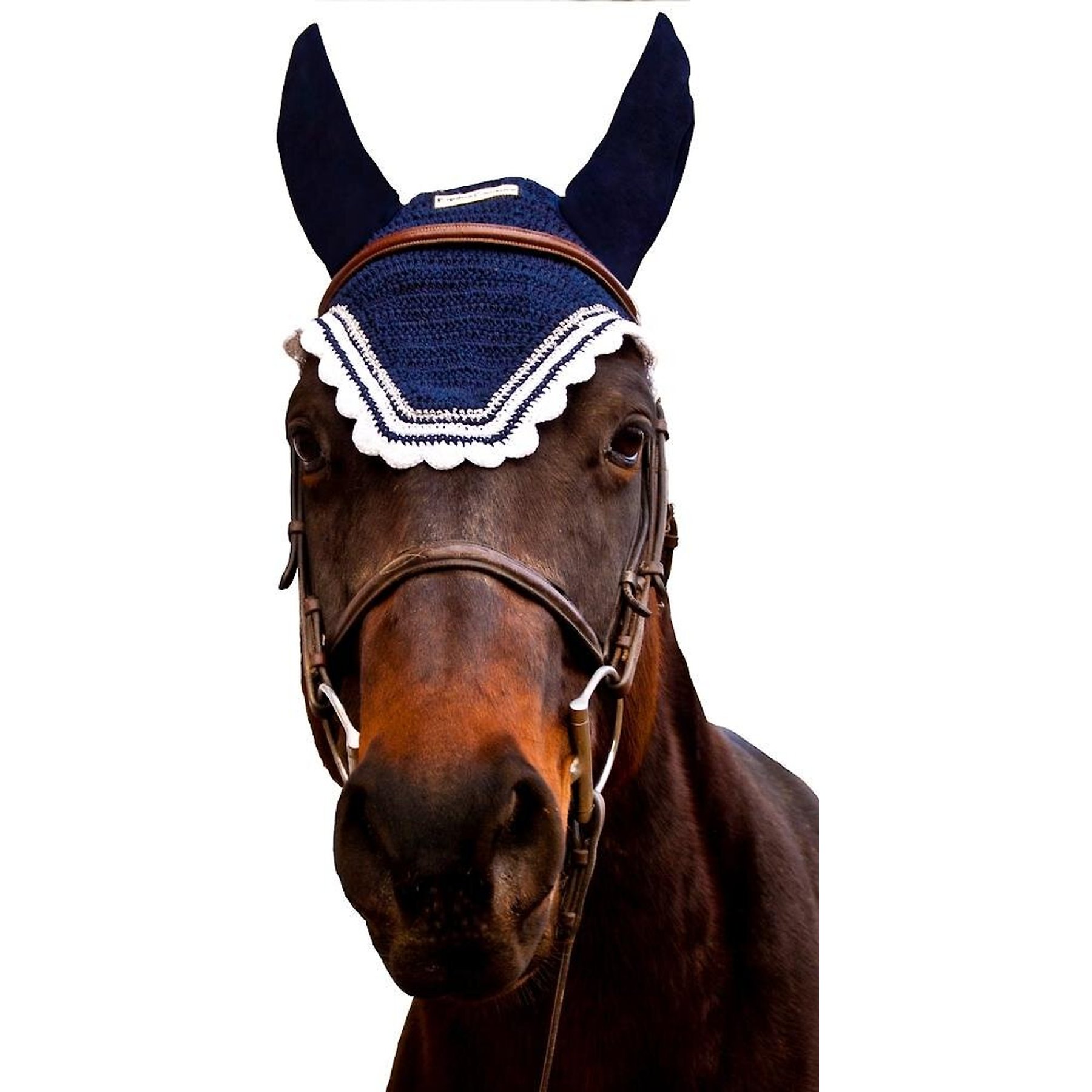 Equine Couture Horse Fly Bonnet with Silver Lurex, EC Navy/White, Pony