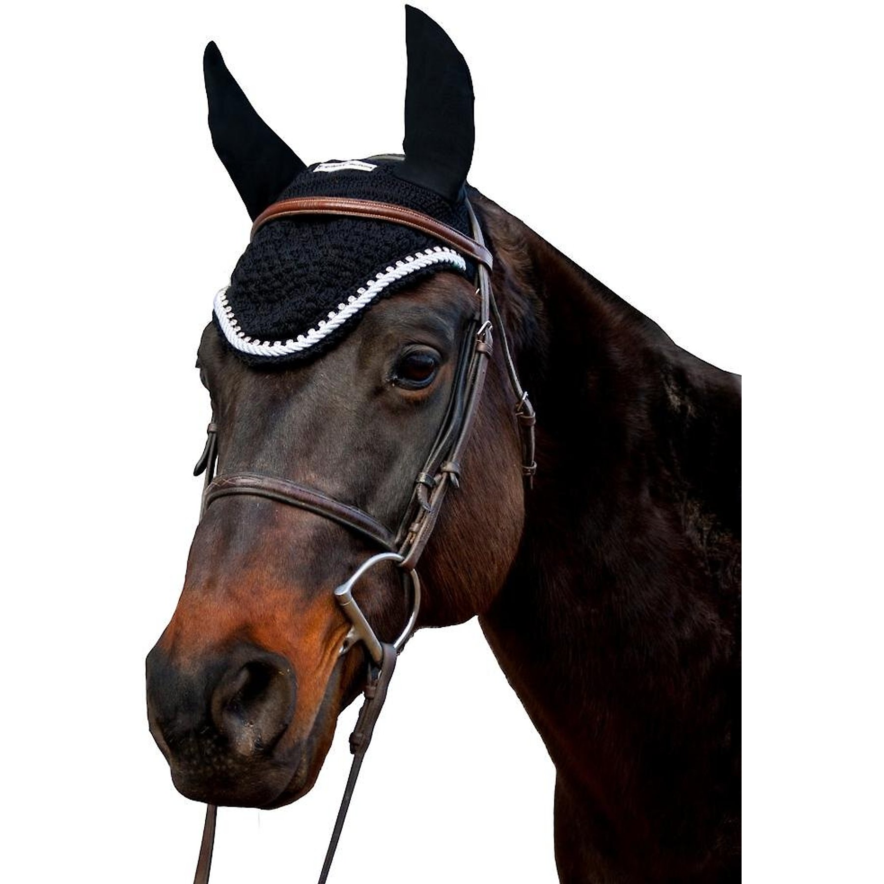 Equine Couture Horse Fly Bonnet with Silver Rope & Crystals, Black, Cob